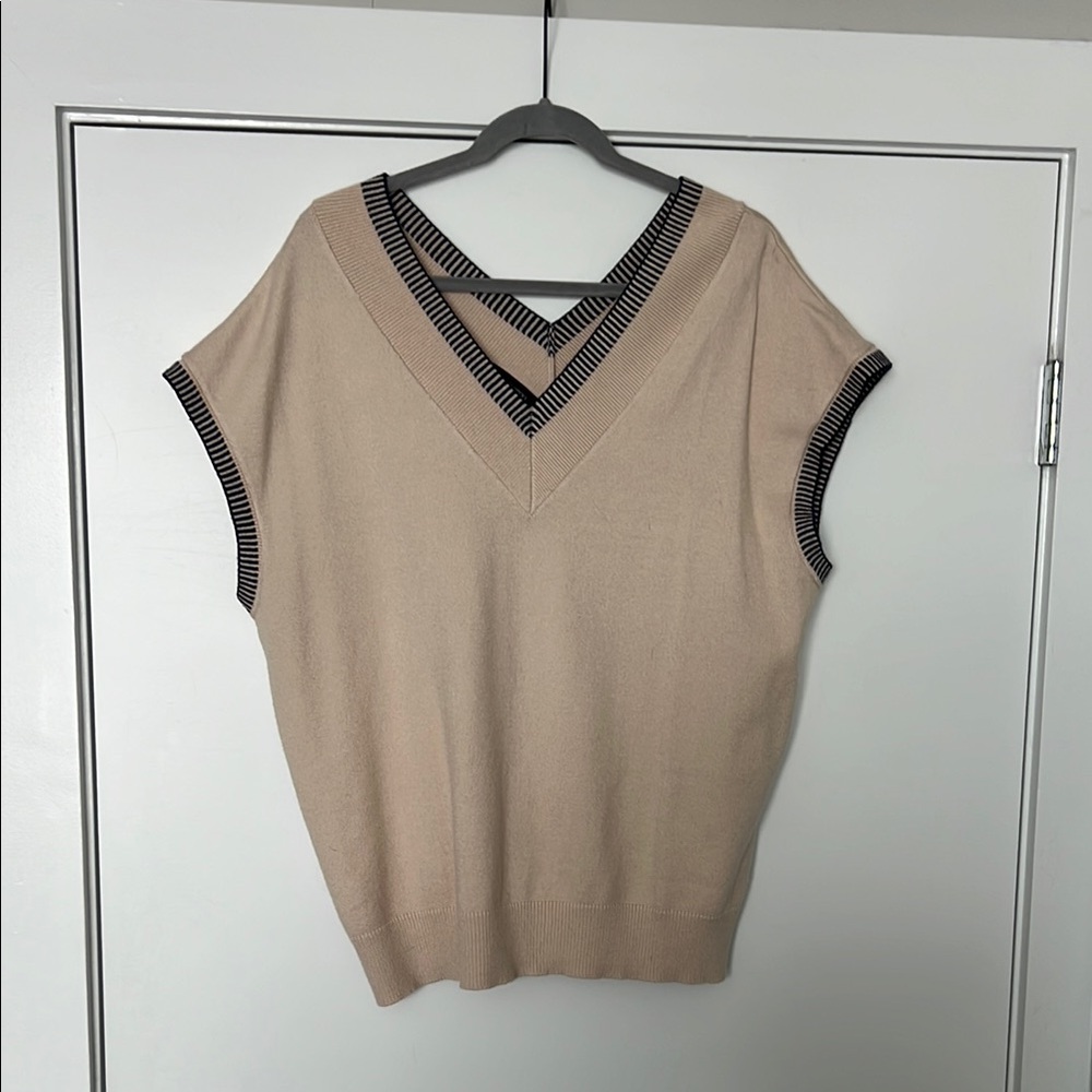 V-Neck Beige Blouse with Black Trim